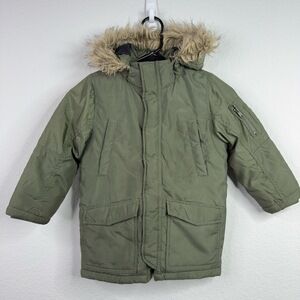 H&M Jacket Kids Size 4-5 Green Hooded Faux Fur Parka Outdoor Winter Zip Utility‎